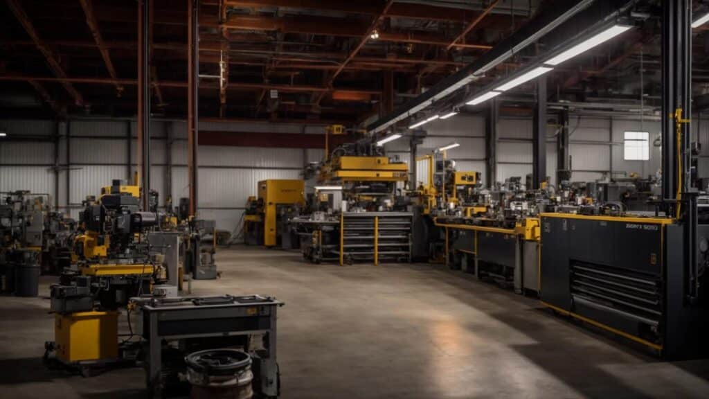 a sleek, industrial workshop in columbus showcases glistening custom hvac sheet metal fabrication, surrounded by precision tools and vibrant metal sheets catching the warm glow of overhead lights.